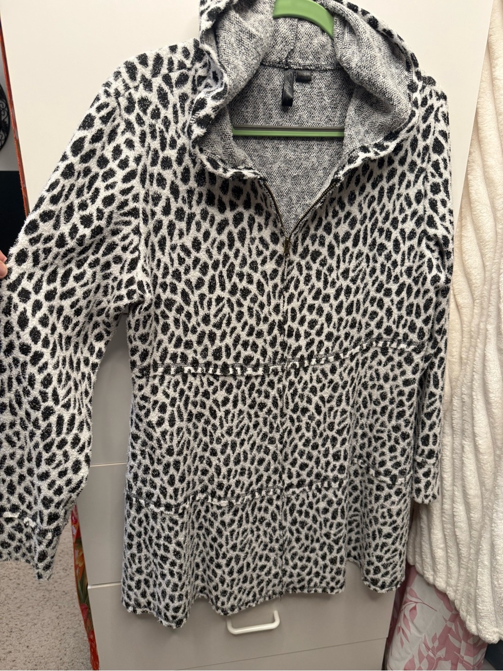 Animal print fuzzy zip up hoodie sweater